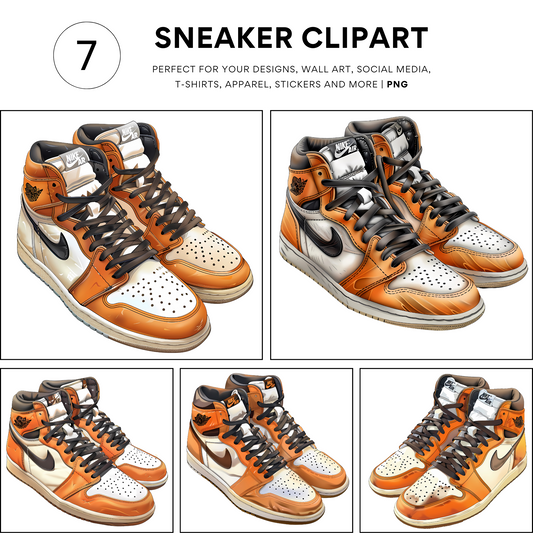 7 Black, Orange and White High-Top 1s, Dunks Sneakers