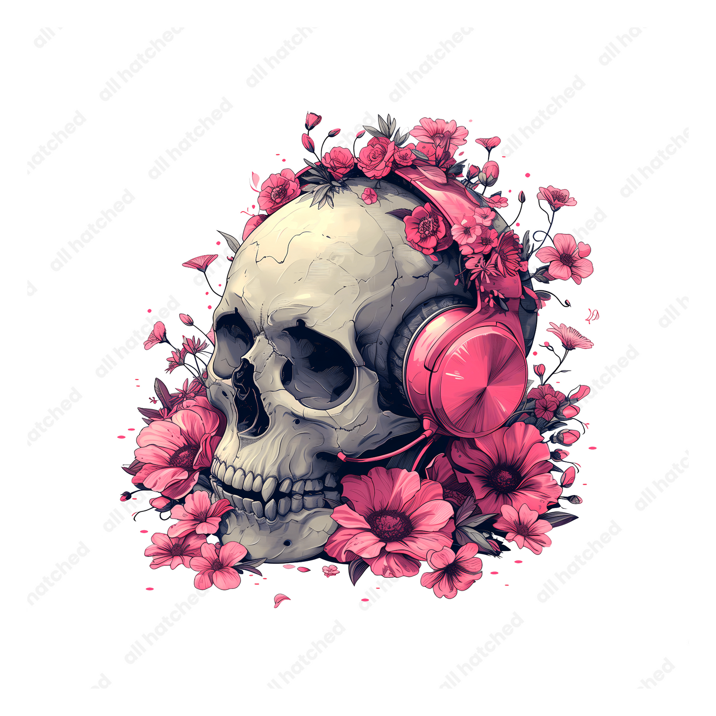 Pink Floral Skull with Pink Headphones