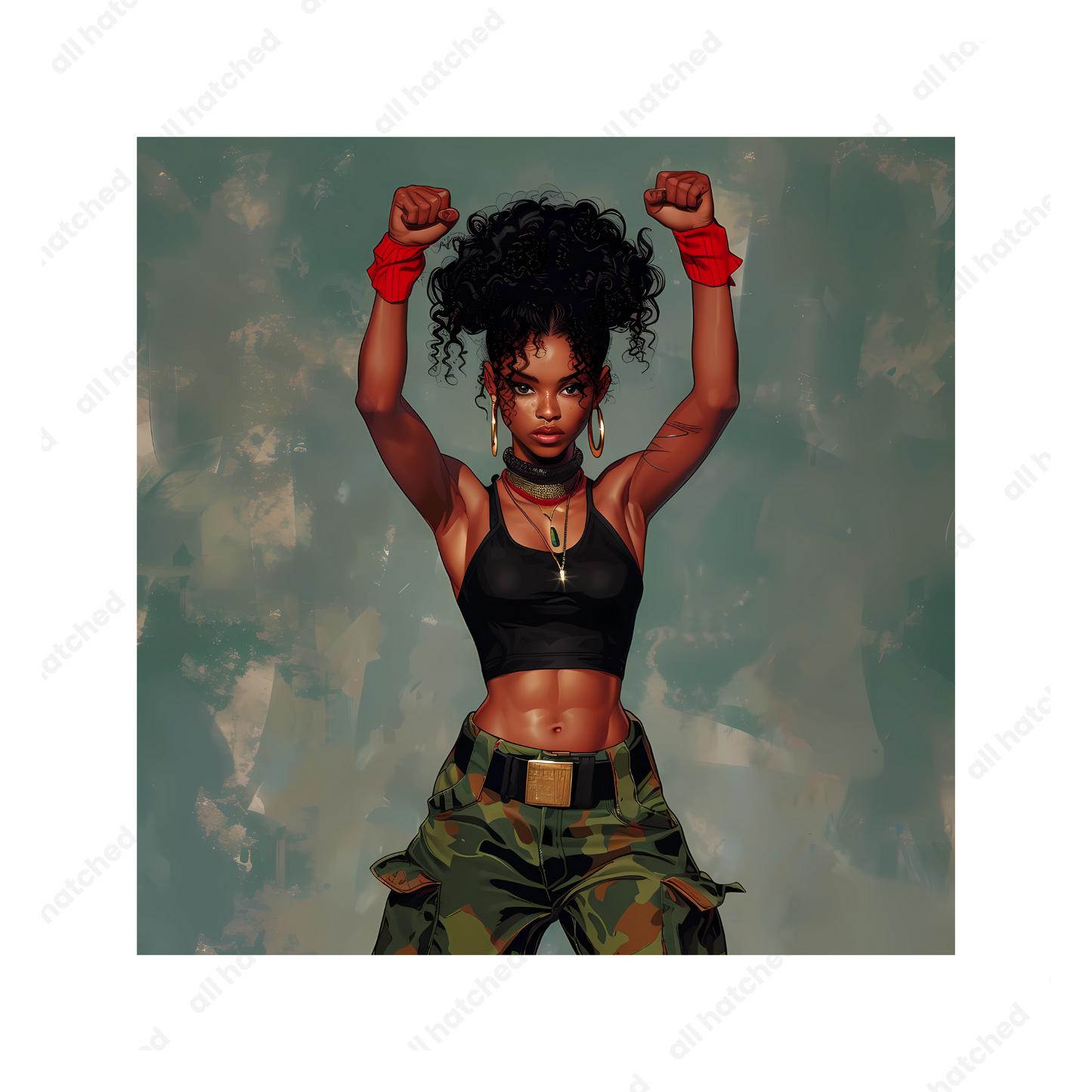 Young Black Woman Fist in Air PNG